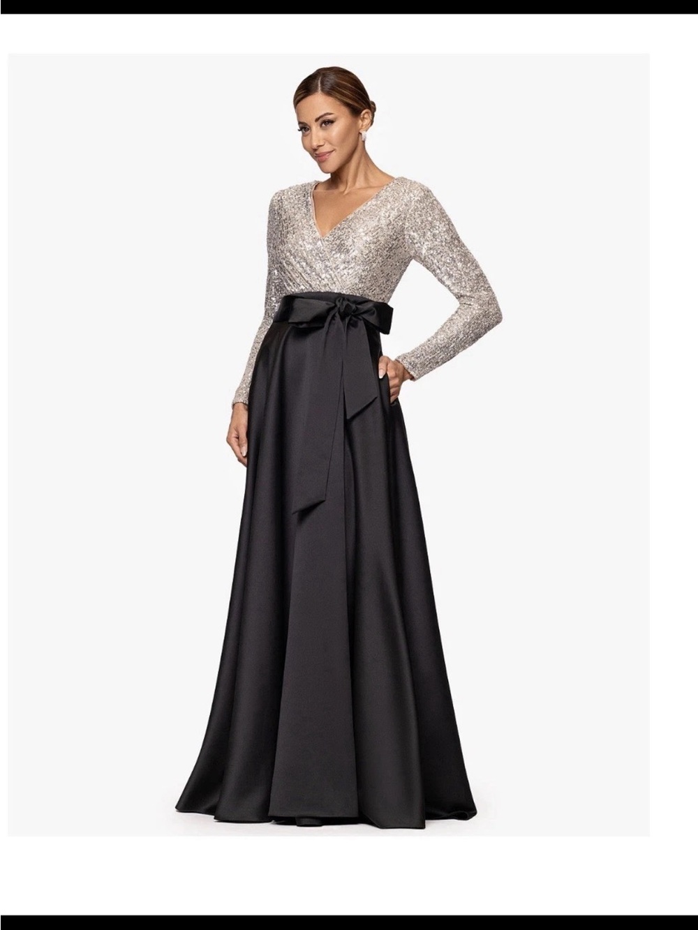 Sequin V-Neck Long Sleeve Evening Gown with Black Satin skirt